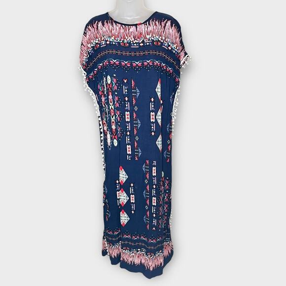 VINTAGE CATO navy multi tribal Aztec boho kaftan swim coverup size Medium/Large - Picture 2 of 6